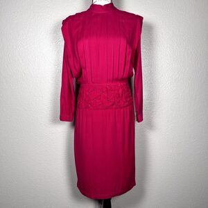 Vintage Momentos Sz S Blouson Midi Dress Hot Pink Pleated Star-Studded Waist